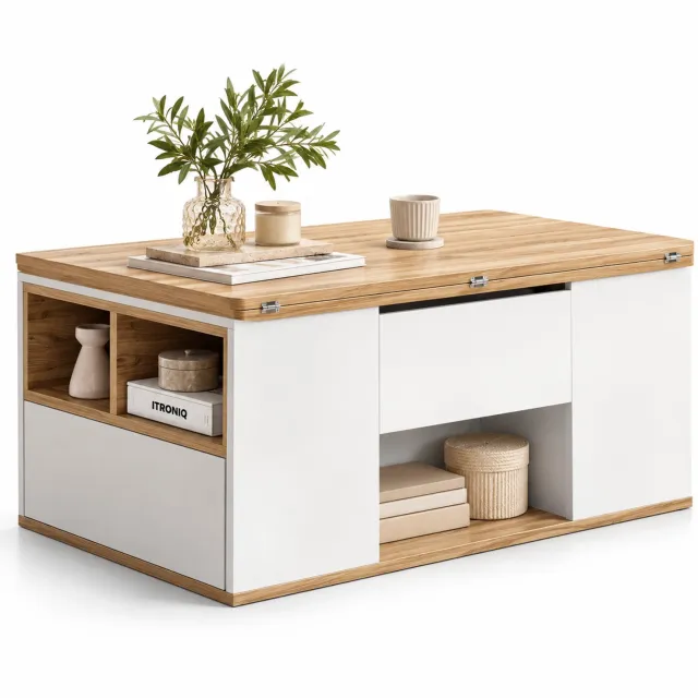 ITRONIQ Salontafel Verstelbaar – Lift Top Salontafel met 2 Lades en Opbergvakken – Uitschuifbaar Tafelblad – 100x51 cm – Wit/Hout Wit/Bruin