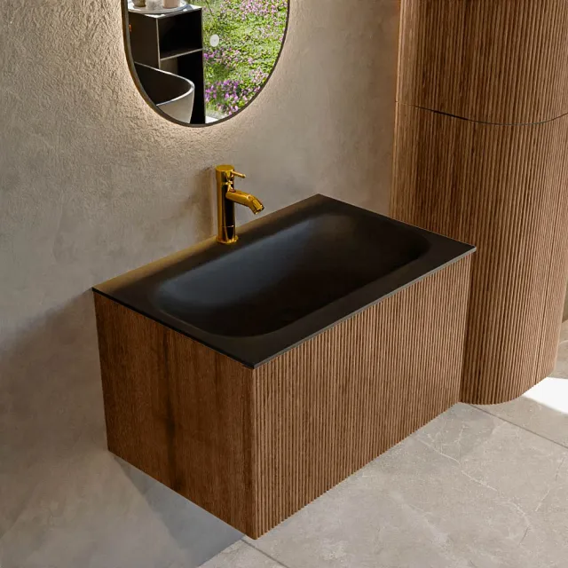 Mondiaz KURVE 70 cm Onderkast Greeploos 1 Lade Zonder Deuren Walnut, Wastafel Solid Surface Volledig Urban 1 Kraangat Zonder Spiegel (KRVBGS701L0D1KM-Wal/Urb)