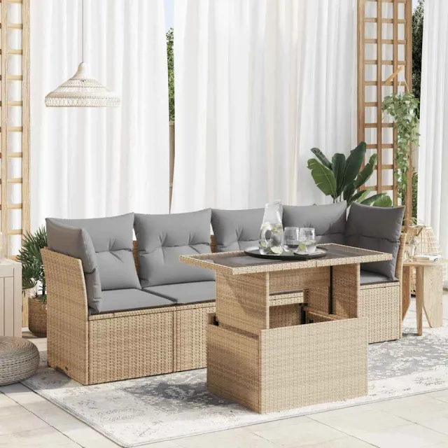 vidaXL 5-delige Loungeset met kussens poly rattan beige, foto 2