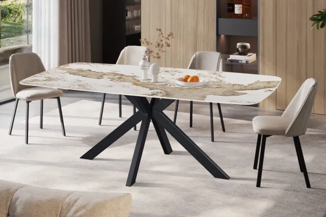 Rousseau Apollo Eettafel – 200 x 100 cm – Deens Ovaal – Glanzend Stenen Blad met Goudbruine Marmerlook – Zwarte Matrixpoot beige -bruin