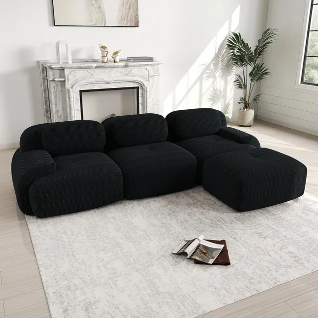 KOMHTOM BLACKCOLORS Modulaire hoekbank zonder montage, ergonomisch en geschikt voor huisdieren, van corduroy met extra brede armleuningen, hoogelastische 32D-vulling voor de woonkamer en slaapkamer, zwart