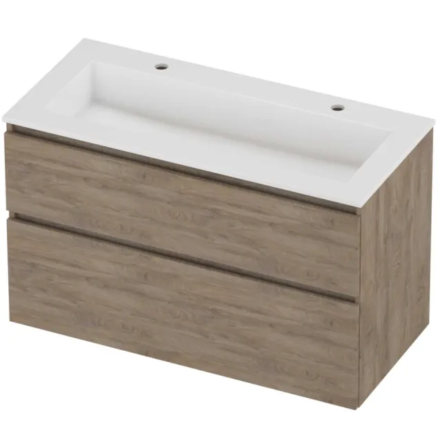Proline Aristo Badmeubelset Polystone Elegant 2 Kraangaten 100x46x62 cm Glans Wit Raw Oak Eiken