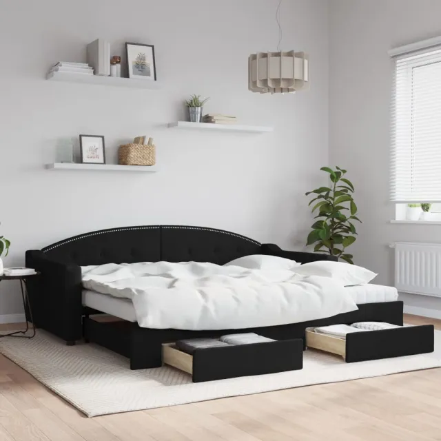 vidaXL Slaapbank met onderschuifbed en lades 90x200 cm stof zwart