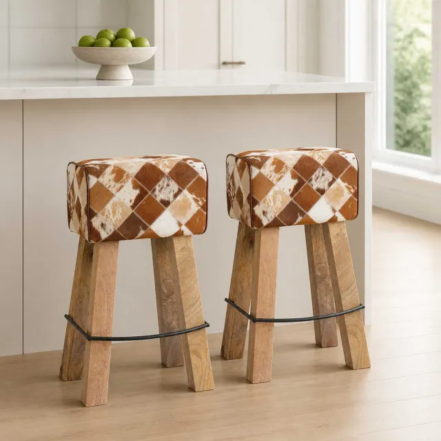 vidaXL Barkruk 2 st Bruine patchwork 44 x 33 x 74 cm Echt Leer, foto 2