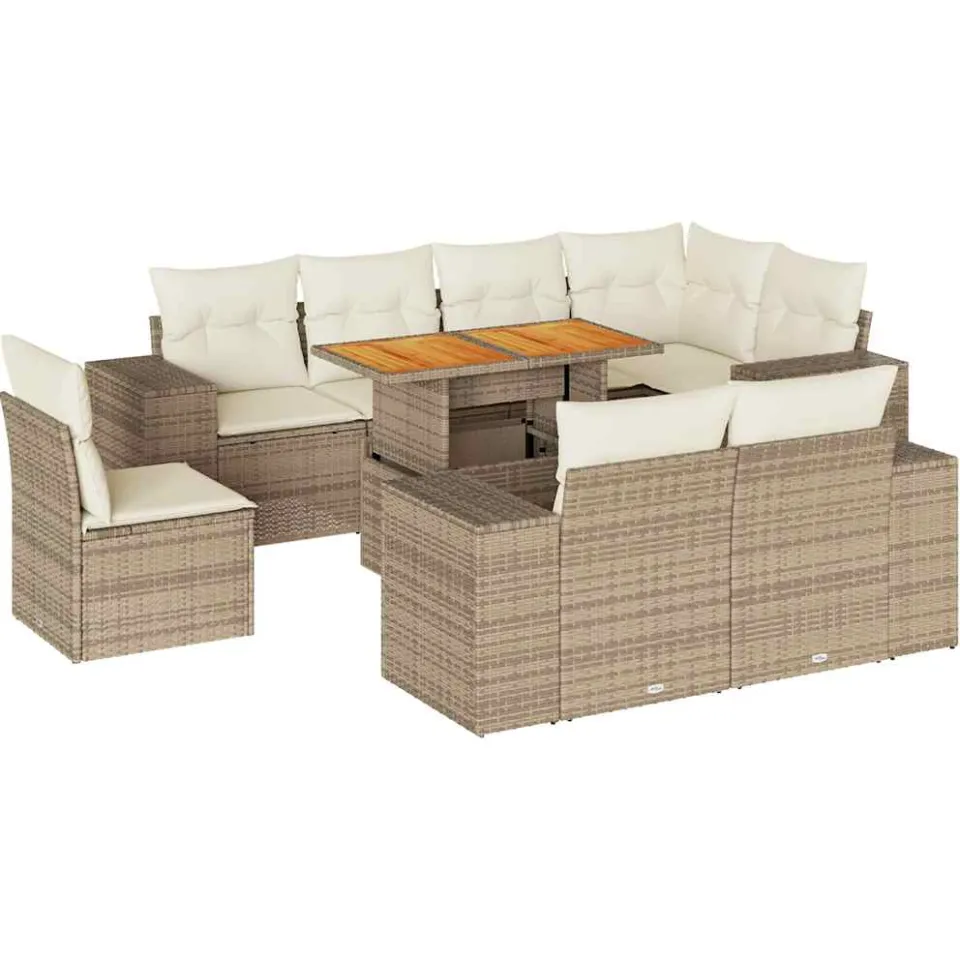 vidaXL 9-delige Loungeset met kussens poly rattan beige, foto 3