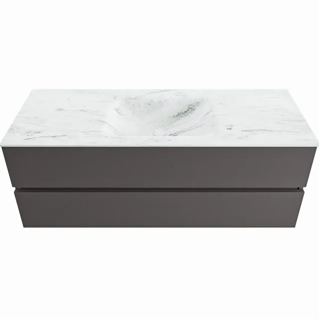 Mondiaz VICA-DLUX 130cm badmeubel onderkast Dark grey 2 lades. Inbouw wastafel CLOUD midden zonder kraangat, kleur Opalo.