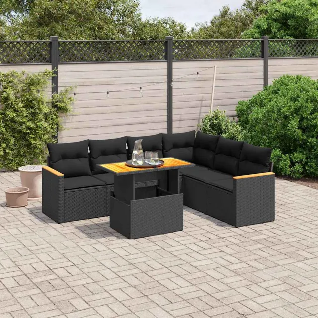 vidaXL 7-delige Loungeset met kussens poly rattan zwart, foto 2