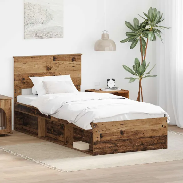 vidaXL Bedframe met hoofdeinde Oudhout 90 x 200 cm Massief grenenhout Bruin