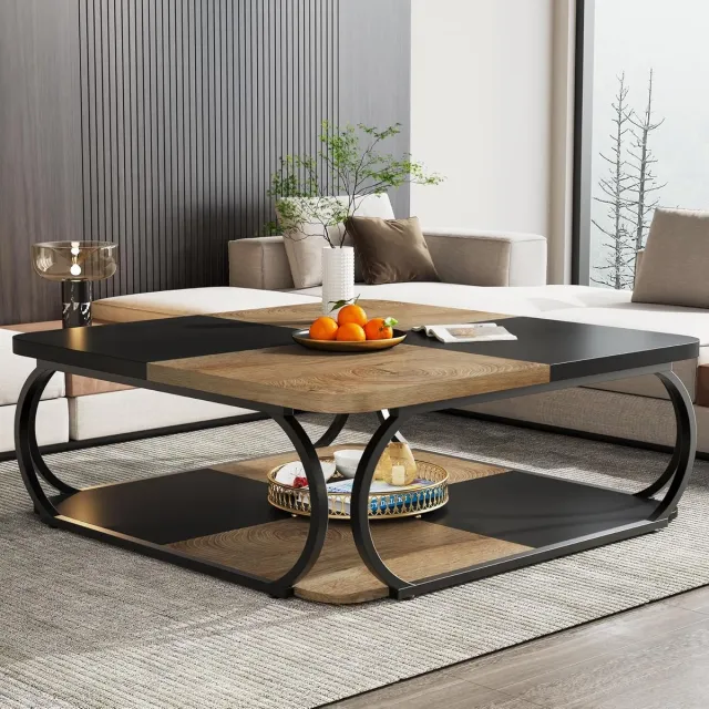 Tribesigns Salontafel - Salontafel Vierkant - Woonkamer Bijzettafel - 100 x 100 x 50 cm - Zwart Lichtbruin - Salon tafel