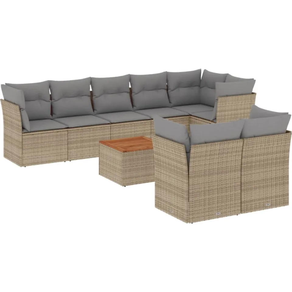 vidaXL 9-delige Loungeset met kussens poly rattan beige