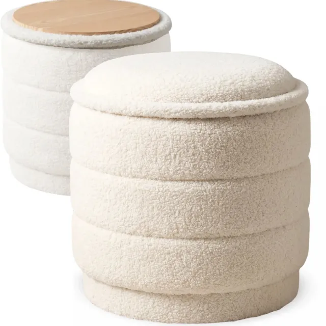 Salvik Poef Rond - Opbergpoef - Omkeerbare Deksel - Teddy Crème - Poef met opbergruimte - Omkeerbaar als Salontafel - Opbergbox - Zitbankje - Bankje - 38cm