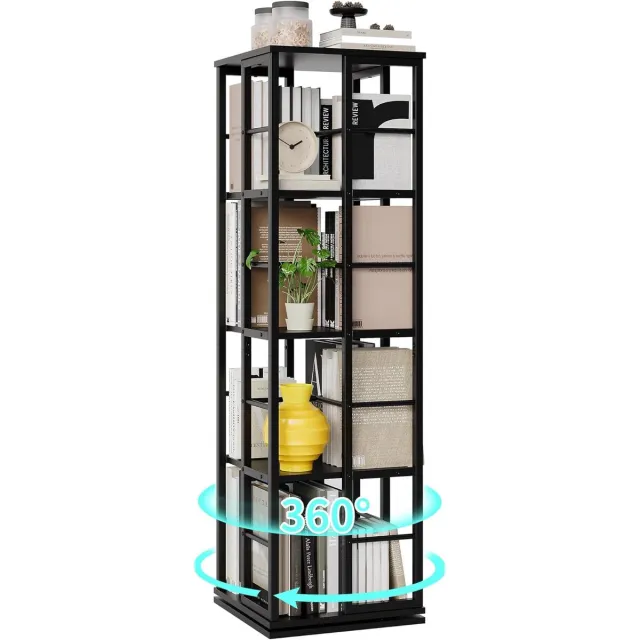 HOERFURIY Draaiende boekenkast - 360° Roterende Staande Boekenrek - 4 etages - Industrieel Design, Zwart (40 x 40 x 137 cm)