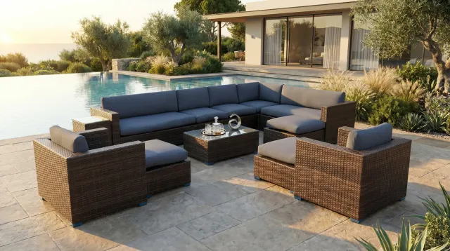 Breeze Loungeset 12-delig | Bruin Wicker & Blauwe Kussens | 9 Personen | Aluminium Frame | incl. Tafels Bruin / Blauw