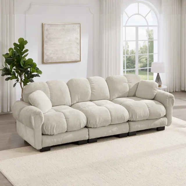 REDOM Bank - 3-zits cloud sofa met 2 sierkussens - Gewatteerde zitkussens en gebogen rugleuning - Zachte chenille bekleding - Moderne designstijl - Woonkamer - Chenille - Licht kaki - 260 x 86 x 90 cm Light Khaki