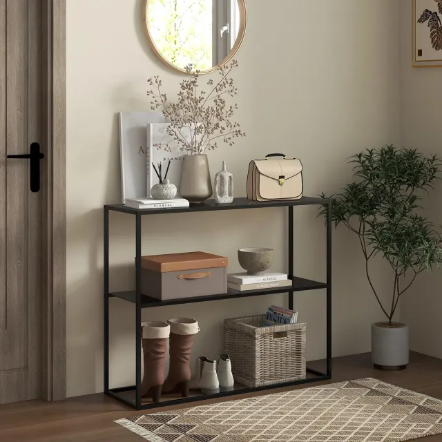 DESMIU Sidetable - 90 x 30 x 75 cm - Twee Open Niveaus - Staal - Zwart - Haltafel Voor Entree En Woonkamer
