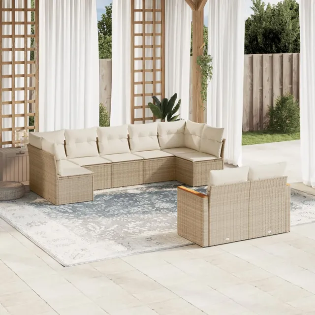 vidaXL 9-delige Loungeset met kussens poly rattan beige, foto 2