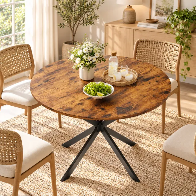 Mulder Living Ronde Eettafel - Keukentafel - Ø120 cm - Houtlook Tafelblad - X-vormige tafelpoten - Met metalen poten - Industrieel Design - Ruimtebesparende - Bruin / Zwart