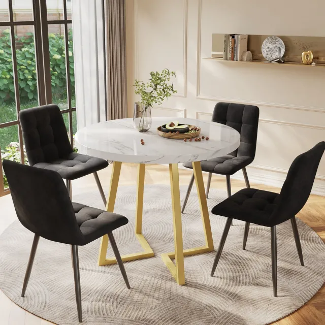 Wishdor 5-delige eetset - Ronde eettafel met 4 stoelen - Moderne keuken en eetkamer - Witte MDF tafelblad gouden metalen poten - Zwarte fluwelen stoelen - Ø 80 x 75 cm Wit;Zwart;Goud
