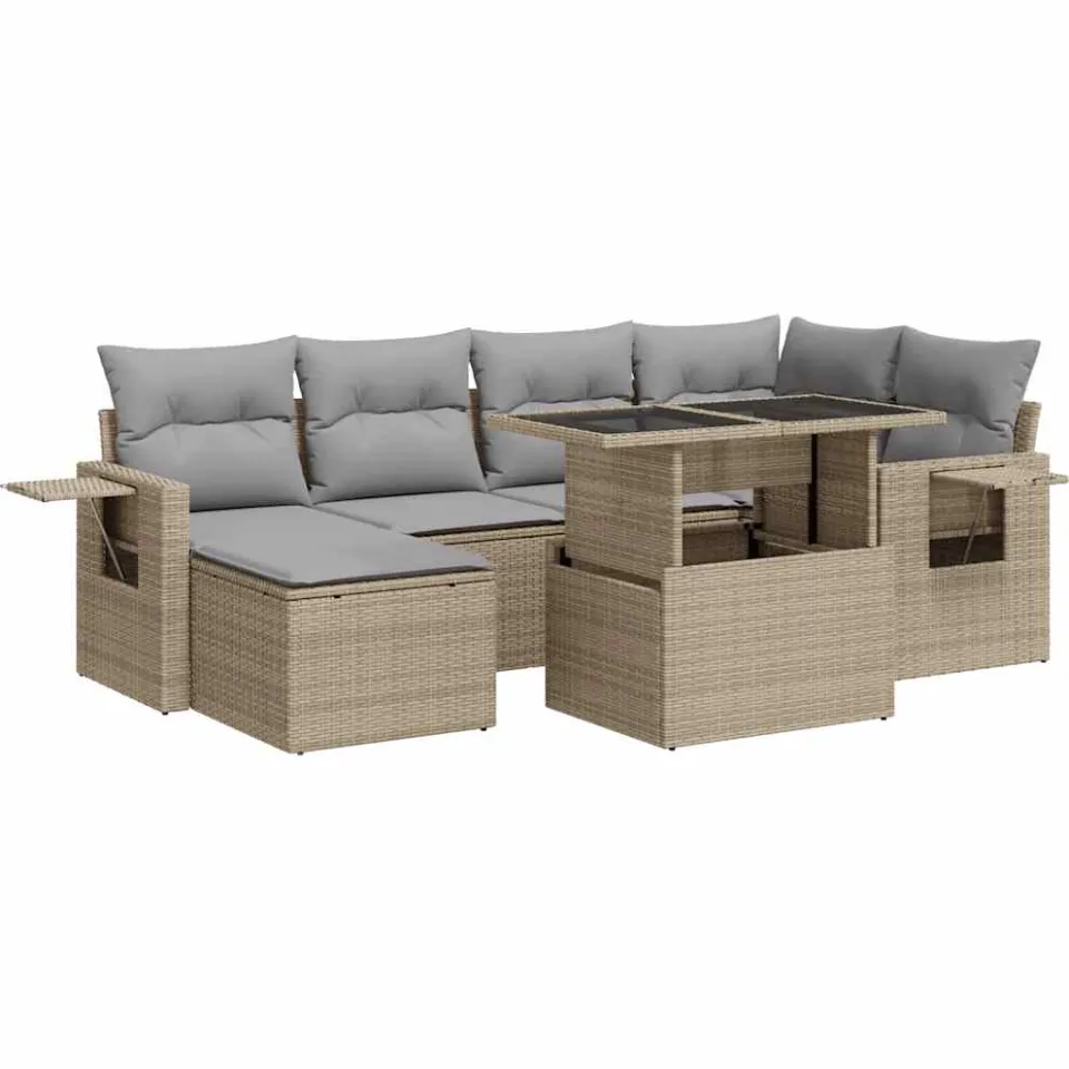 vidaXL 7-delige Loungeset met kussens poly rattan beige, foto 3