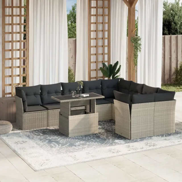 vidaXL 10-delige Loungeset met kussens poly rattan lichtgrijs grijs, foto 2