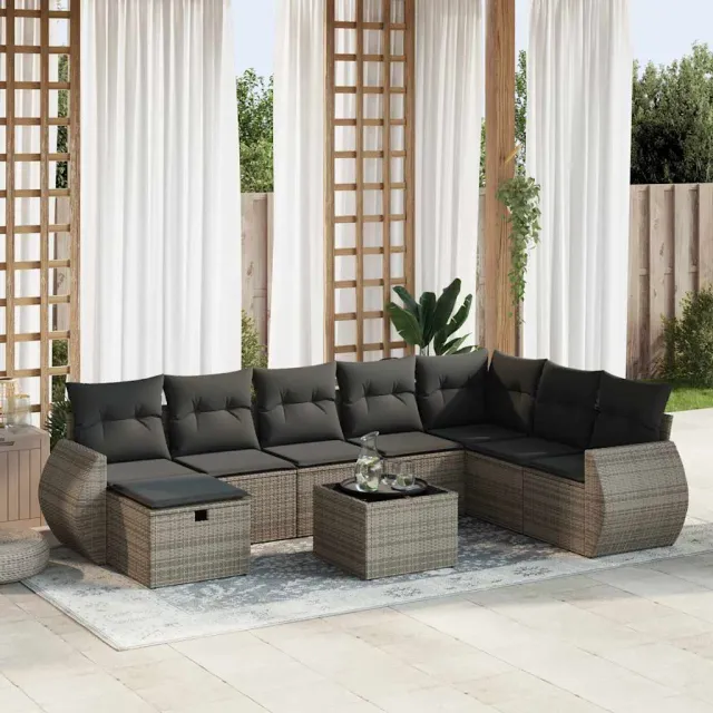 vidaXL 9-delige Loungeset met kussens poly rattan grijs, foto 2