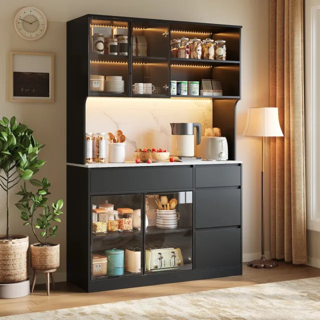 STILVORA Dressoir - Met LED Verlichting En Veel Opbergruimte - Voor Woonkamer En Eetkamer - MDF - 120x40x180 Cm - Zwart Wit