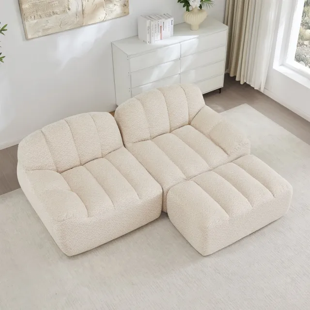 MODFU Modulaire Hoekbank - L-Vorm Met Ottoman - Ergonomisch En Framevrij - Voor Woonkamer - Fleecebekleding - Beige Wit
