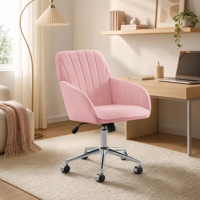COVREO Bureaustoel 60 cm roze, velvet met armleuningen en wielen Pink