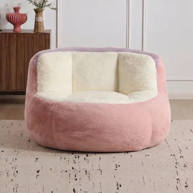 MEUNIQ Zitzakstoel met rugleuning en armleuningen, 106 x 110 x 77 cm, imitatiebont en schuimvulling, voor de woonkamer, roze, wit en paars