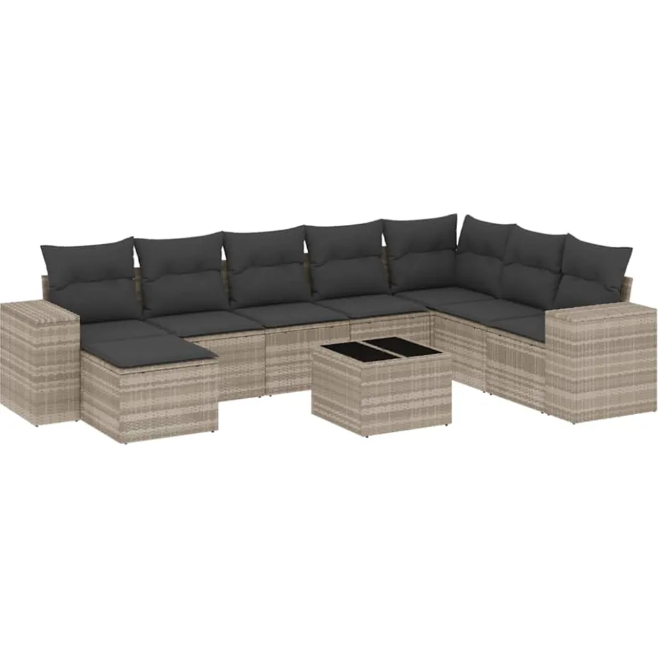 vidaXL 9-delige Loungeset met kussens poly rattan lichtgrijs grijs, foto 3