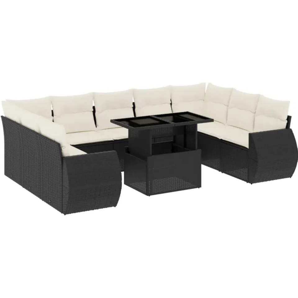 vidaXL 10-delige Loungeset met kussens poly rattan zwart, foto 3