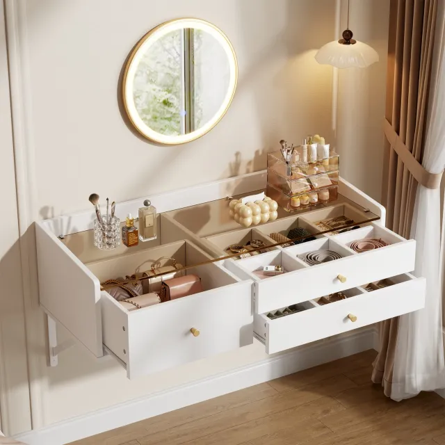 Sweiko Kaptafel - Wandmodel - Met LED-spiegel - Glazen blad - 3 lades - 100 x 40 x 48 cm - Wit