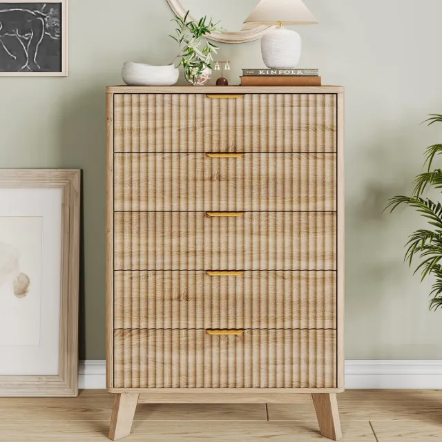 Solvenrik Ladekast 5 Lades – Eiken Houtlook – Scandinavisch Design – Commode met Gouden Handgrepen Eiken Kleur