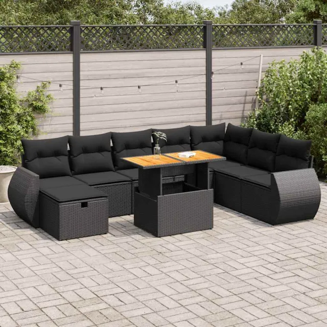 vidaXL 9-delige Loungeset met kussens poly rattan acacia zwart, foto 2