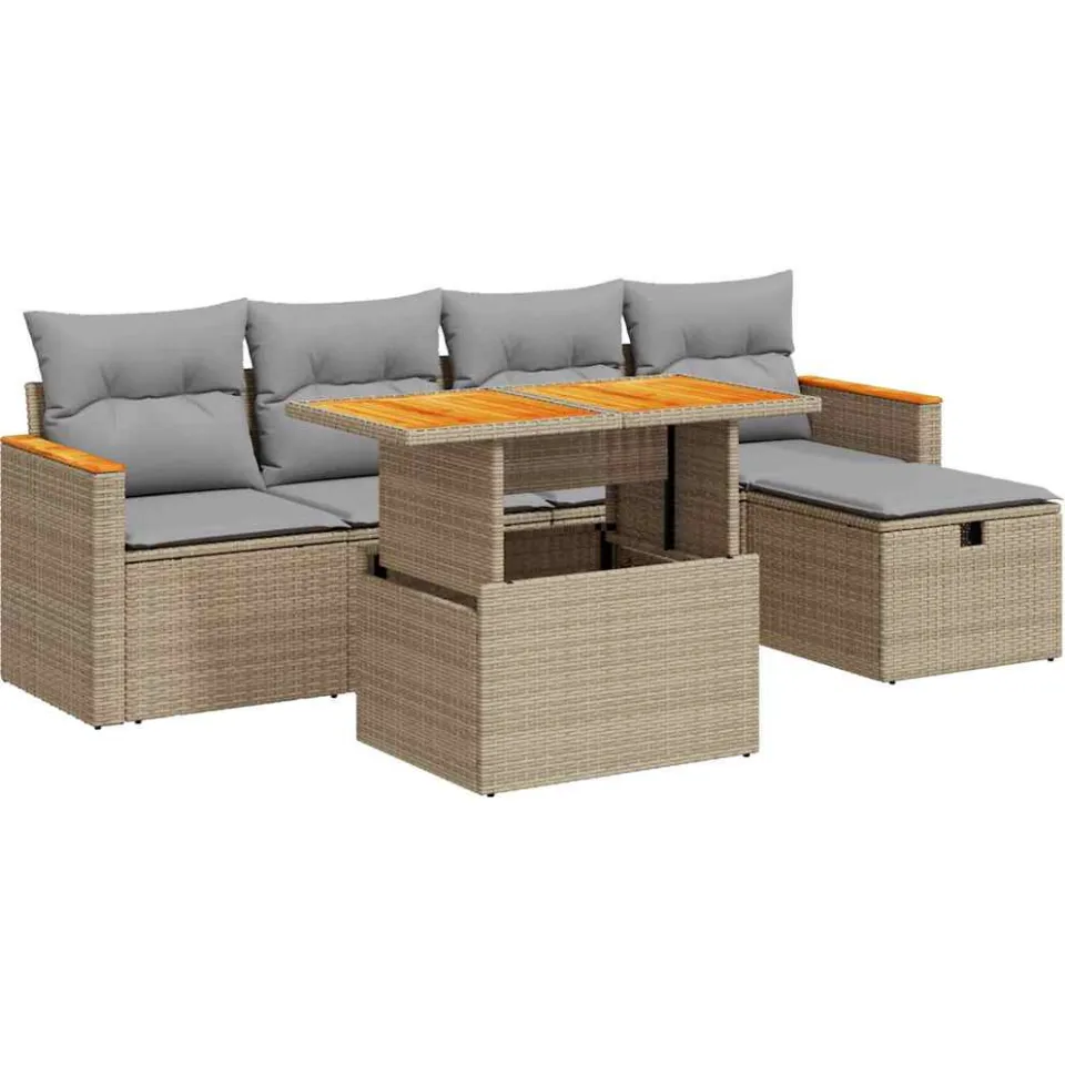 vidaXL 6-delige Loungeset met kussens poly rattan beige, foto 3