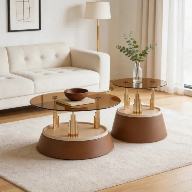 STILVORA Salontafel - 2-Delige Nestbare Set Met Ronde Glasbladen - Ruimtebesparend Voor Woonkamer - Glas En Metaal - 73,5x73,5x34 cm - Bruin