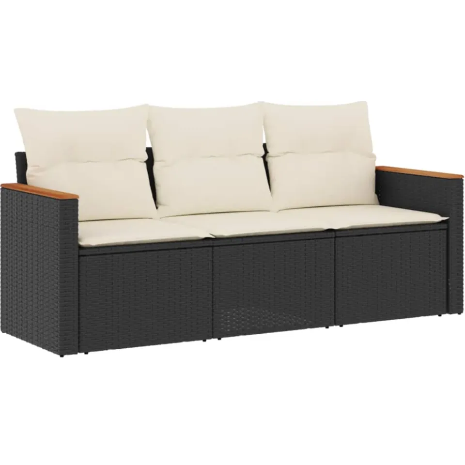 vidaXL 3-delige Loungeset met kussens poly rattan zwart