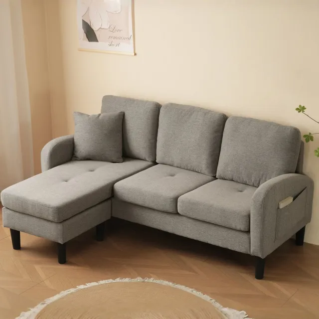 Zubaliya L-vorm hoekbank met chaise longue - compacte 3-zitsbank - 166x118x77 cm - katoen-linnen stof - modulair op te stellen - ideaal voor woonkamer, appartement en kantoor Antique donker Grijs