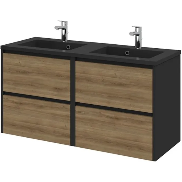Tiger Reverse Meubelset 120 cm met 4 lades Chalet eik - Mat zwart incl Quadro wastafel dubbel Mat zwart - 800326 Eiken