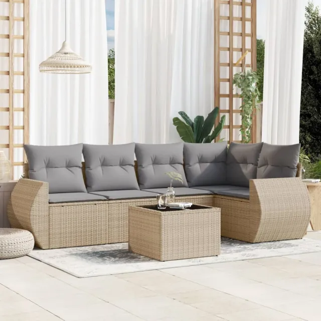 vidaXL 6-delige Loungeset met kussens poly rattan beige, foto 2