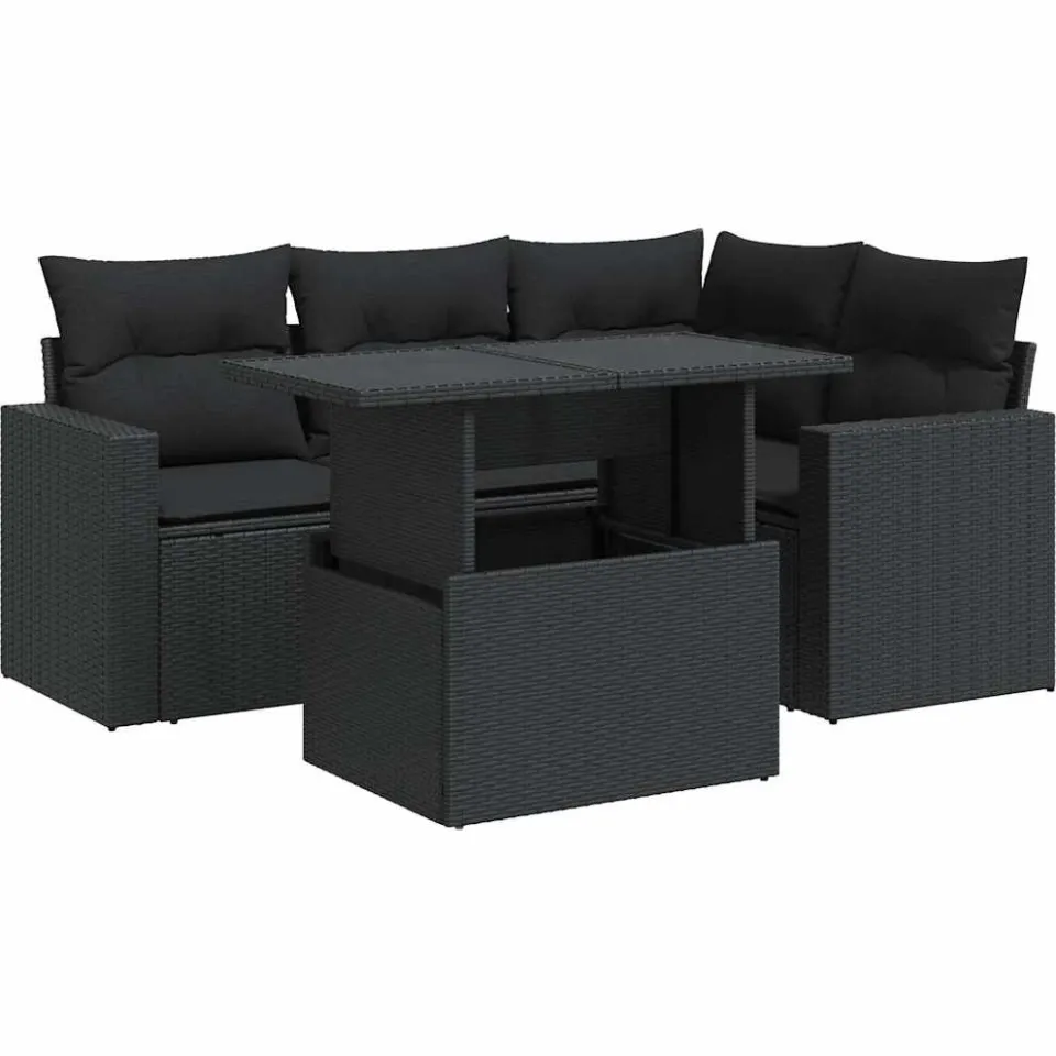 vidaXL 5-delige Loungeset met kussens poly rattan zwart, foto 3