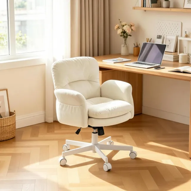 FloraGrace Bureaustoel 71 x 68 x 84,5-92,5 cm - 360 Graden Draaibaar Met Wielen En Armleuningen - Voor Kantoor En Kaptafel - Metaal En Chenille - Beige