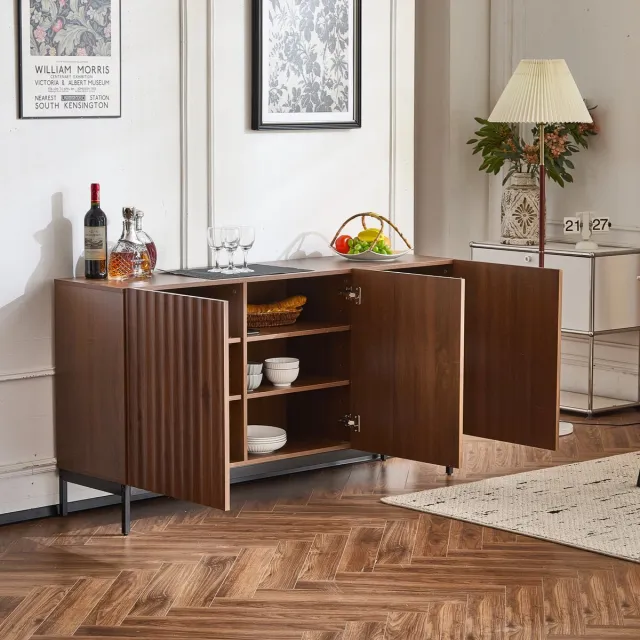 STILVORA Dressoir - Sideboard Met 3D Golvende Deuren - Verstelbare Legplanken - Met Anti-Kantel - MDF - 150x40x80 cm - Donkerbruin