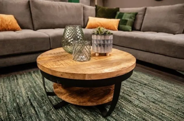 HUUS Salontafel Edith - mangohout - woon - kamer - Bruin - hout tafel voor binnen - bijzettafel - 90x90x42 cm