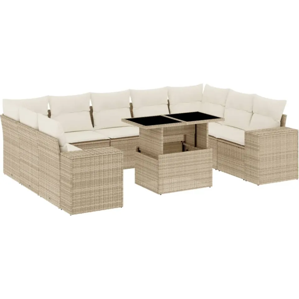 vidaXL 10-delige Loungeset met kussens poly rattan beige, foto 3