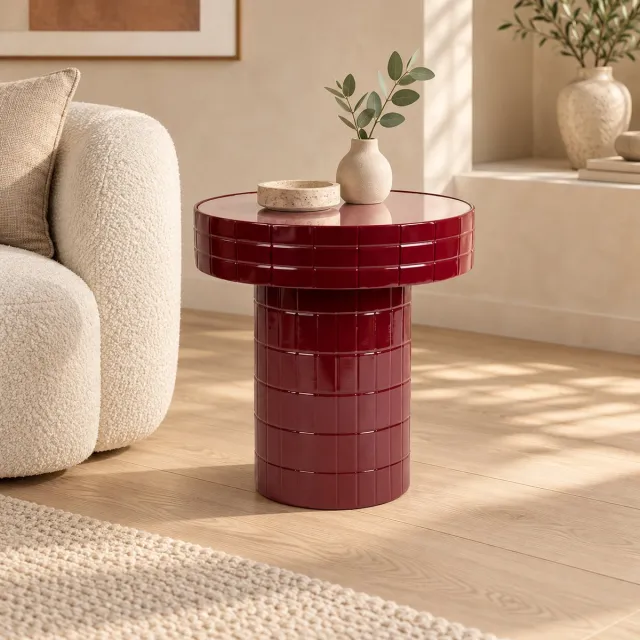 Fameilleur Bowie Bijzettafel Roze Bordeaux Ø 48,5 x H 51,5 cm – Ronde Design Tafel met Glazen Tafelblad en Metalen Onderstel – Moderne Salontafel, Sidetable, Nachtkastje en Accenttafel voor Woonkamer, Slaapkamer en Hal- bijzet tafel - bij zet tafel