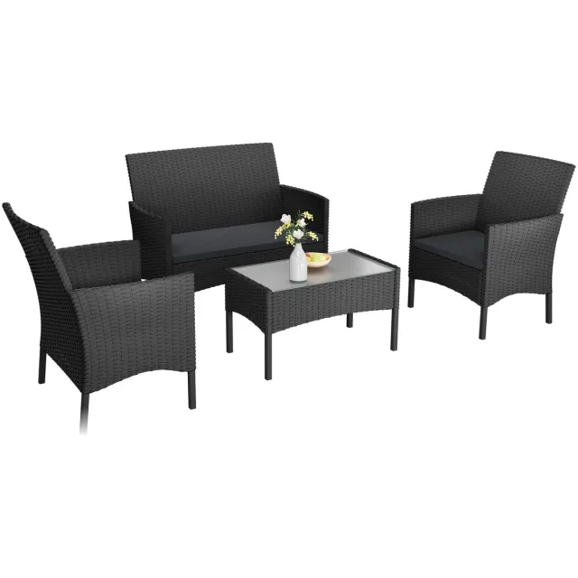 Froadp Polyrattan Tuinmeubelset voor 4 Personen - 2-zitsbank, 2 fauteuils, Tafel met Glazen Blad en Zitkussens - Weerbestendig Balkonmeubel, Zitmeubel, Tuinset voor Tuin, Terras & Buiten - Wit Glas Melkwit glas