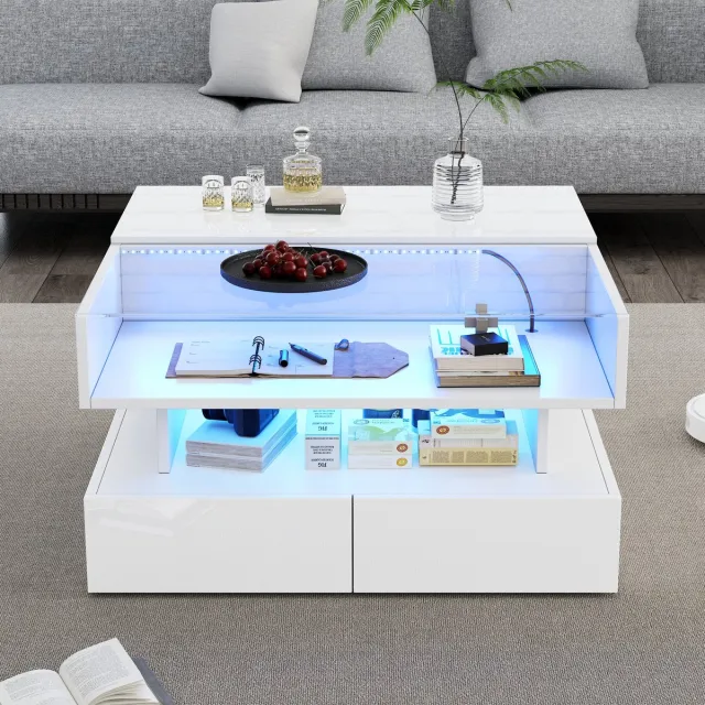 COVREO Salontafel 80 x 80 x 45 cm – wit, met verborgen opbergruimte, 2 lades en LED