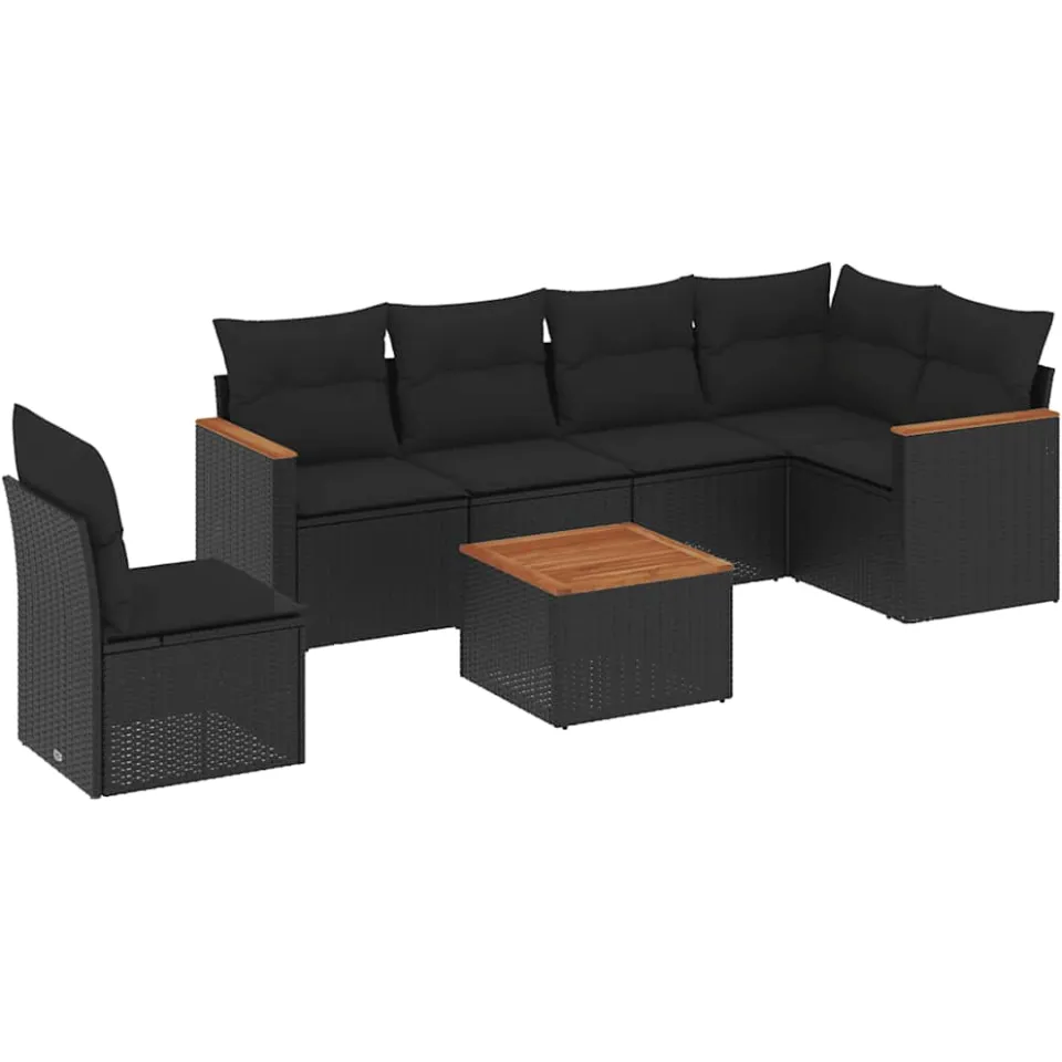 vidaXL 7-delige Loungeset met kussens poly rattan zwart, foto 3