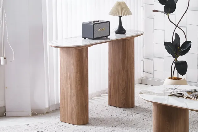 Rousseau Consoletafel Evora 120 x 40 cm – Glanzende Marmer Look – Walnoot Look – Ovaal Wit|Bruin